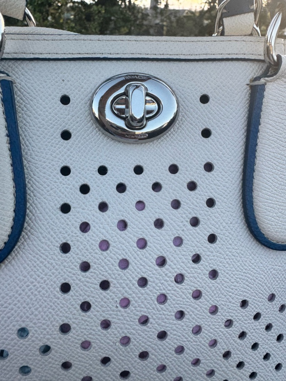 Coach Sample Perforated Leather Dome Satchel White Blue Trim Crossbody Bag - Picture 8 of 17
